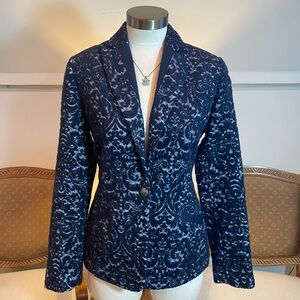NWOT CAbi Elegant Navy Blue Blazer Jacquard Brocade Paisley Wool Blend Women's S